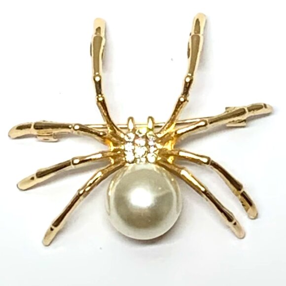 Gold Tone Alloy Spider Pin Brooch Faux White Pearl Gothic Halloween Rhinestones - Picture 8 of 8